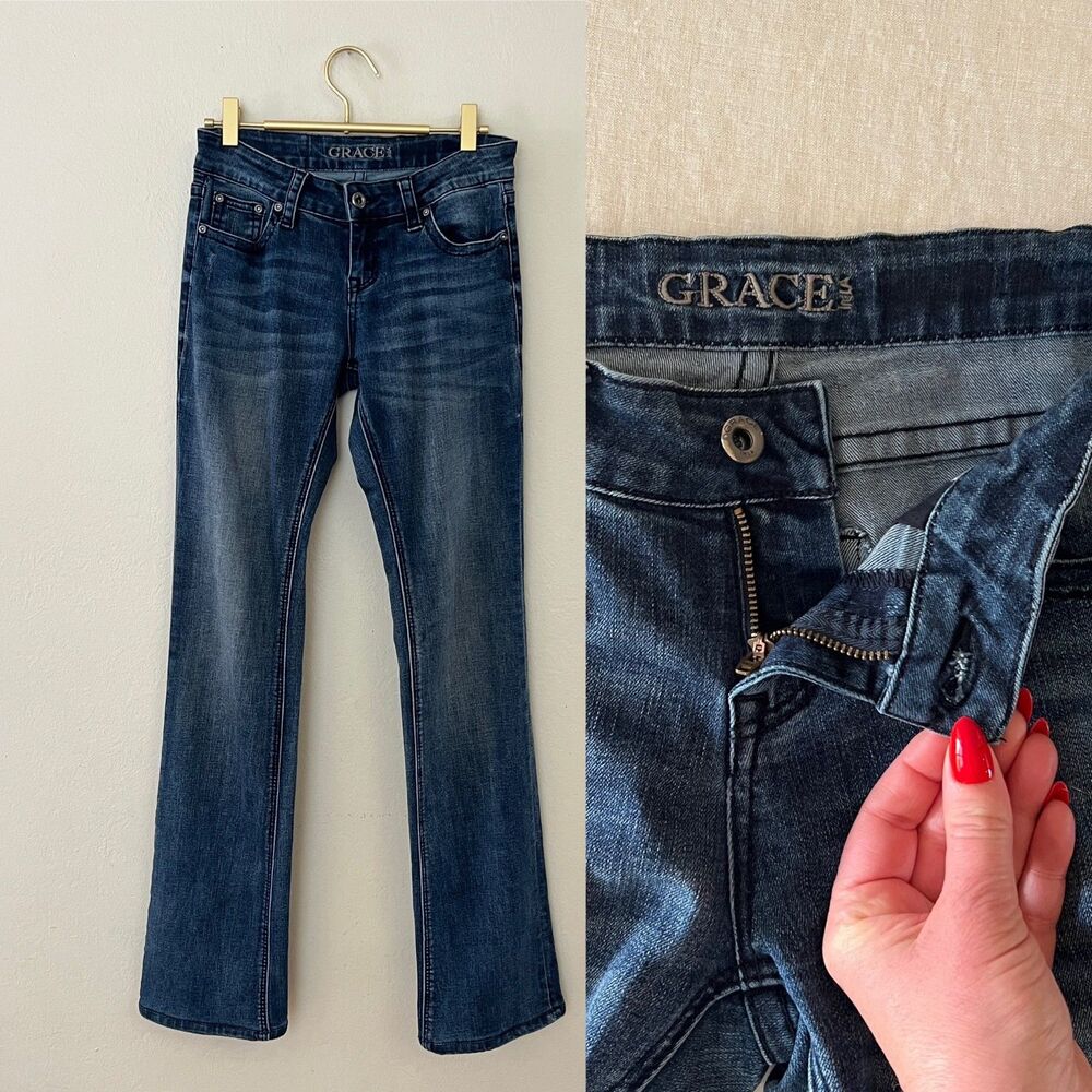 Grace in LA Low Rise Y2K Bootcut Jeans Dark Whiskered Wash Light Stretch Size 25